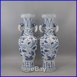 Pair 22''chinese blue and white porcelain Elephant birds phoenix vase statue