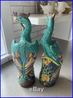 Pair Antique Chinese 16 in Phoenix Porcelain Statues Bird Figurines Bird