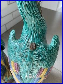 Pair Antique Chinese 16 in Phoenix Porcelain Statues Bird Figurines Bird