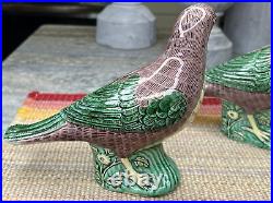 Pair Antique Chinese Export Porcelain Birds Doves Pigeon Polychrome Purple Green