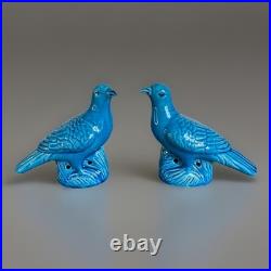 Pair Antique Chinese Pigeon Dove Bird Turquoise Glazed Porcelain Model Figurines