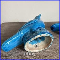 Pair Antique Chinese Pigeon Dove Bird Turquoise Glazed Porcelain Model Figurines