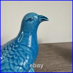 Pair Antique Chinese Pigeon Dove Bird Turquoise Glazed Porcelain Model Figurines