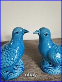 Pair Antique Chinese Pigeon Dove Bird Turquoise Glazed Porcelain Model Figurines