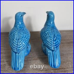 Pair Antique Chinese Pigeon Dove Bird Turquoise Glazed Porcelain Model Figurines