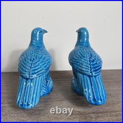 Pair Antique Chinese Pigeon Dove Bird Turquoise Glazed Porcelain Model Figurines