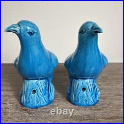 Pair Antique Chinese Pigeon Dove Bird Turquoise Glazed Porcelain Model Figurines
