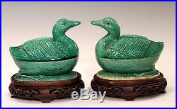 Pair Antique Chinese Porcelain Bird Figure Covered Boxes Ducks Geese Marked