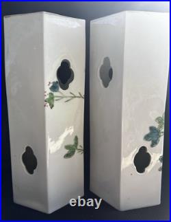 Pair Antique Circa 1900 Chinese Hand Painted Birds Porcelain Hat / Wig Stands