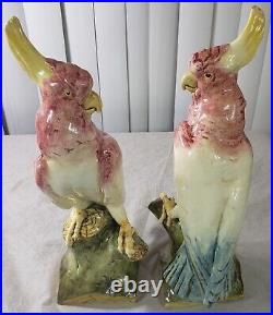 Pair Antique Czechoslovakia Royal Dux Parrot Cockatoo Signed Statue 16 3/4 inch