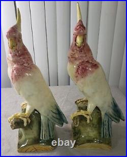 Pair Antique Czechoslovakia Royal Dux Parrot Cockatoo Signed Statue 16 3/4 inch