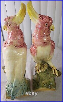 Pair Antique Czechoslovakia Royal Dux Parrot Cockatoo Signed Statue 16 3/4 inch