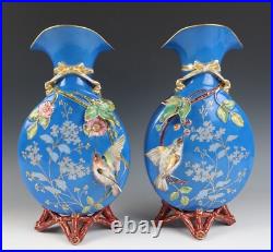 Pair Antique French Limoges Aesthetic Porcelain Vase Birds Japonisme Orientalist