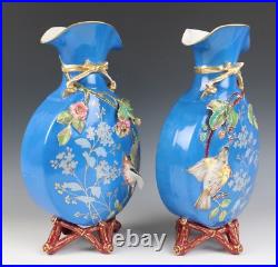 Pair Antique French Limoges Aesthetic Porcelain Vase Birds Japonisme Orientalist