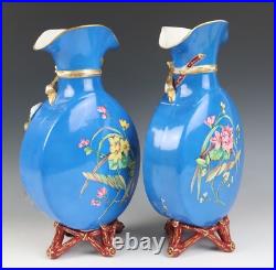Pair Antique French Limoges Aesthetic Porcelain Vase Birds Japonisme Orientalist