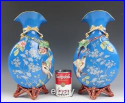 Pair Antique French Limoges Aesthetic Porcelain Vase Birds Japonisme Orientalist