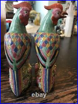 Pair Chinese Antique Porcelain Famille Rose Phoenix Birds 6 Marked