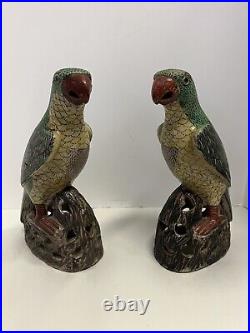 Pair Early 20th Century Chinese Famile Verte Porcelain Parrot Figurines Nice