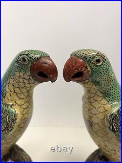 Pair Early 20th Century Chinese Famile Verte Porcelain Parrot Figurines Nice