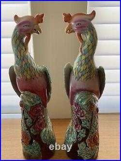 Pair Of Antique Chinese Famille Rose Porcelain Peacock Figurines