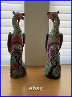 Pair Of Antique Chinese Famille Rose Porcelain Peacock Figurines