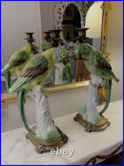 Pair Of Castilian Large Green Parrot Ormalu Candle Holders Porcelain & Bronze