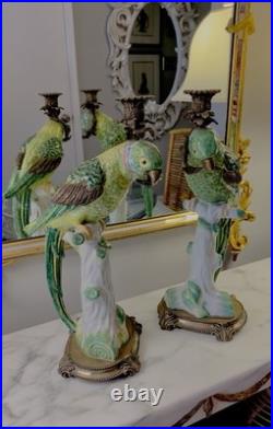 Pair Of Castilian Large Green Parrot Ormalu Candle Holders Porcelain & Bronze
