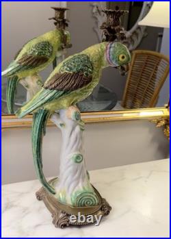 Pair Of Castilian Large Green Parrot Ormalu Candle Holders Porcelain & Bronze