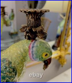 Pair Of Castilian Large Green Parrot Ormalu Candle Holders Porcelain & Bronze