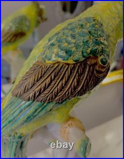 Pair Of Castilian Large Green Parrot Ormalu Candle Holders Porcelain & Bronze