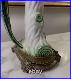 Pair Of Castilian Large Green Parrot Ormalu Candle Holders Porcelain & Bronze