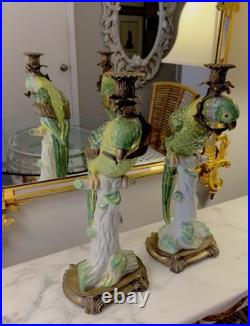Pair Of Castilian Large Green Parrot Ormalu Candle Holders Porcelain & Bronze