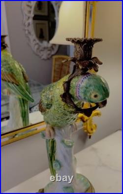 Pair Of Castilian Large Green Parrot Ormalu Candle Holders Porcelain & Bronze