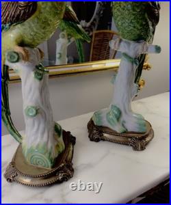 Pair Of Castilian Large Green Parrot Ormalu Candle Holders Porcelain & Bronze