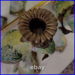 Pair Of Castilian Large Green Parrot Ormalu Candle Holders Porcelain & Bronze