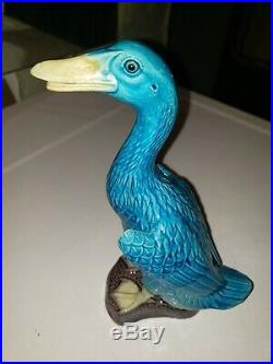Pair Of Chinese Antique Export Turquoise Blue Porcelain Figural Ducks 10 inches