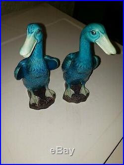 Pair Of Chinese Antique Export Turquoise Blue Porcelain Figural Ducks 8 inches