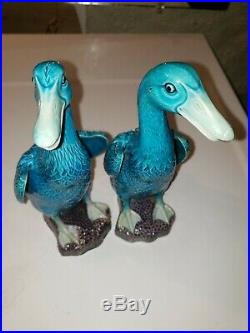 Pair Of Chinese Antique Export Turquoise Blue Porcelain Figural Ducks 8 inches