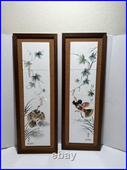 Pair Of Japanese Porcelain Pottery Framed Plaques Ruffed Grouse Birds Flowers 2