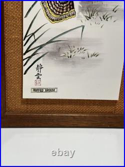 Pair Of Japanese Porcelain Pottery Framed Plaques Ruffed Grouse Birds Flowers 2