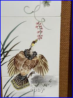 Pair Of Japanese Porcelain Pottery Framed Plaques Ruffed Grouse Birds Flowers 2