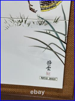 Pair Of Japanese Porcelain Pottery Framed Plaques Ruffed Grouse Birds Flowers 2