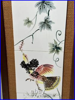 Pair Of Japanese Porcelain Pottery Framed Plaques Ruffed Grouse Birds Flowers 2