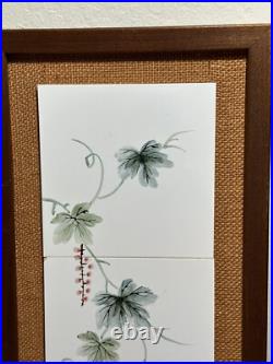 Pair Of Japanese Porcelain Pottery Framed Plaques Ruffed Grouse Birds Flowers 2