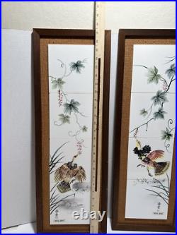 Pair Of Japanese Porcelain Pottery Framed Plaques Ruffed Grouse Birds Flowers 2