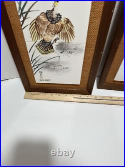 Pair Of Japanese Porcelain Pottery Framed Plaques Ruffed Grouse Birds Flowers 2