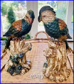 Pair Of Majolica Style Ceramic Parrots Birds Vintage