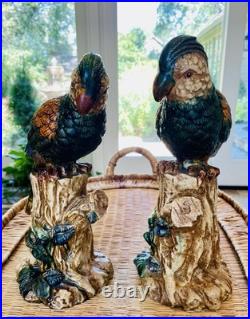 Pair Of Majolica Style Ceramic Parrots Birds Vintage