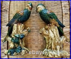 Pair Of Majolica Style Ceramic Parrots Birds Vintage