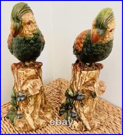 Pair Of Majolica Style Ceramic Parrots Birds Vintage